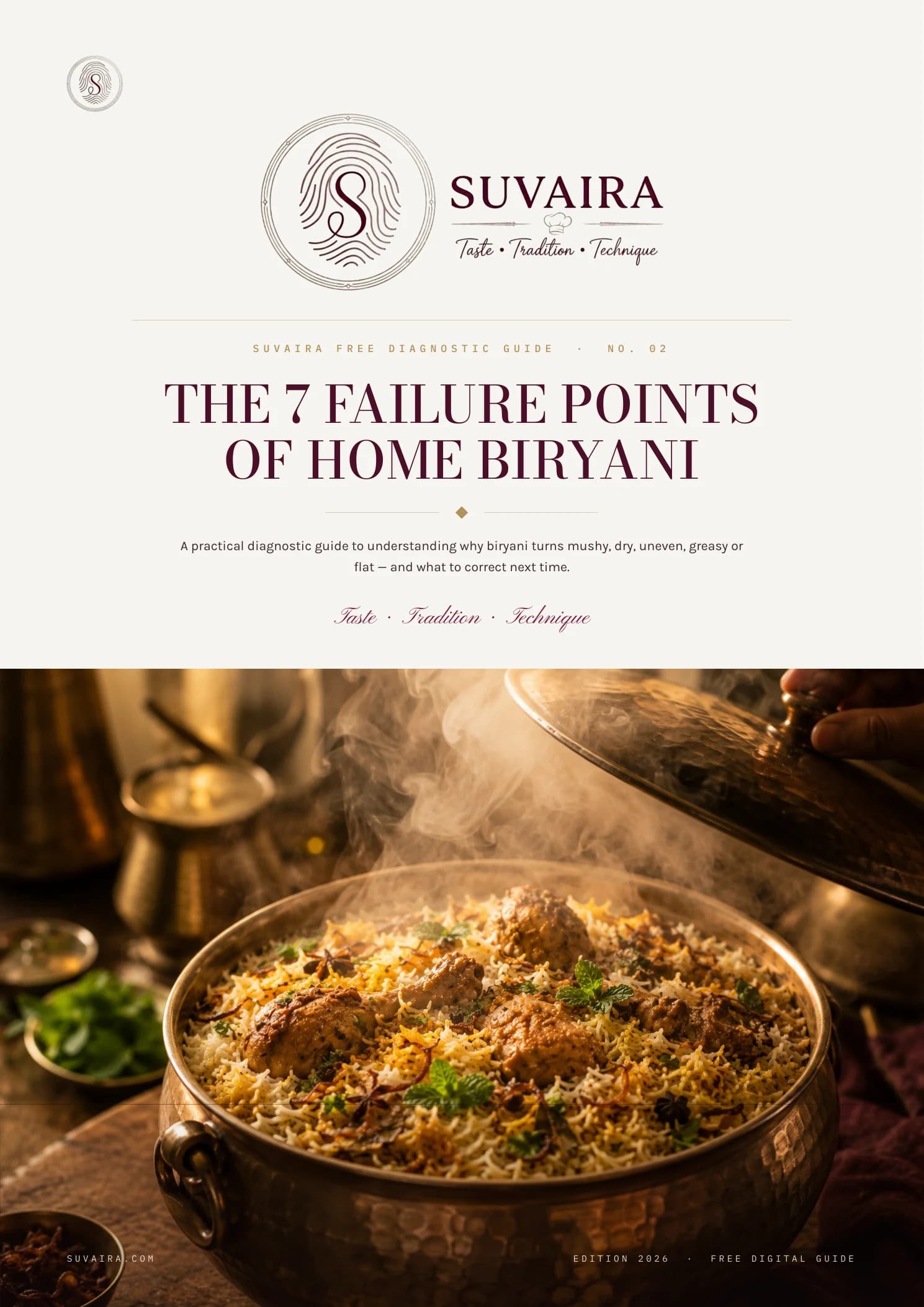 Cover of the SUVAIRA free diagnostic guide on the seven failure points of home biryani