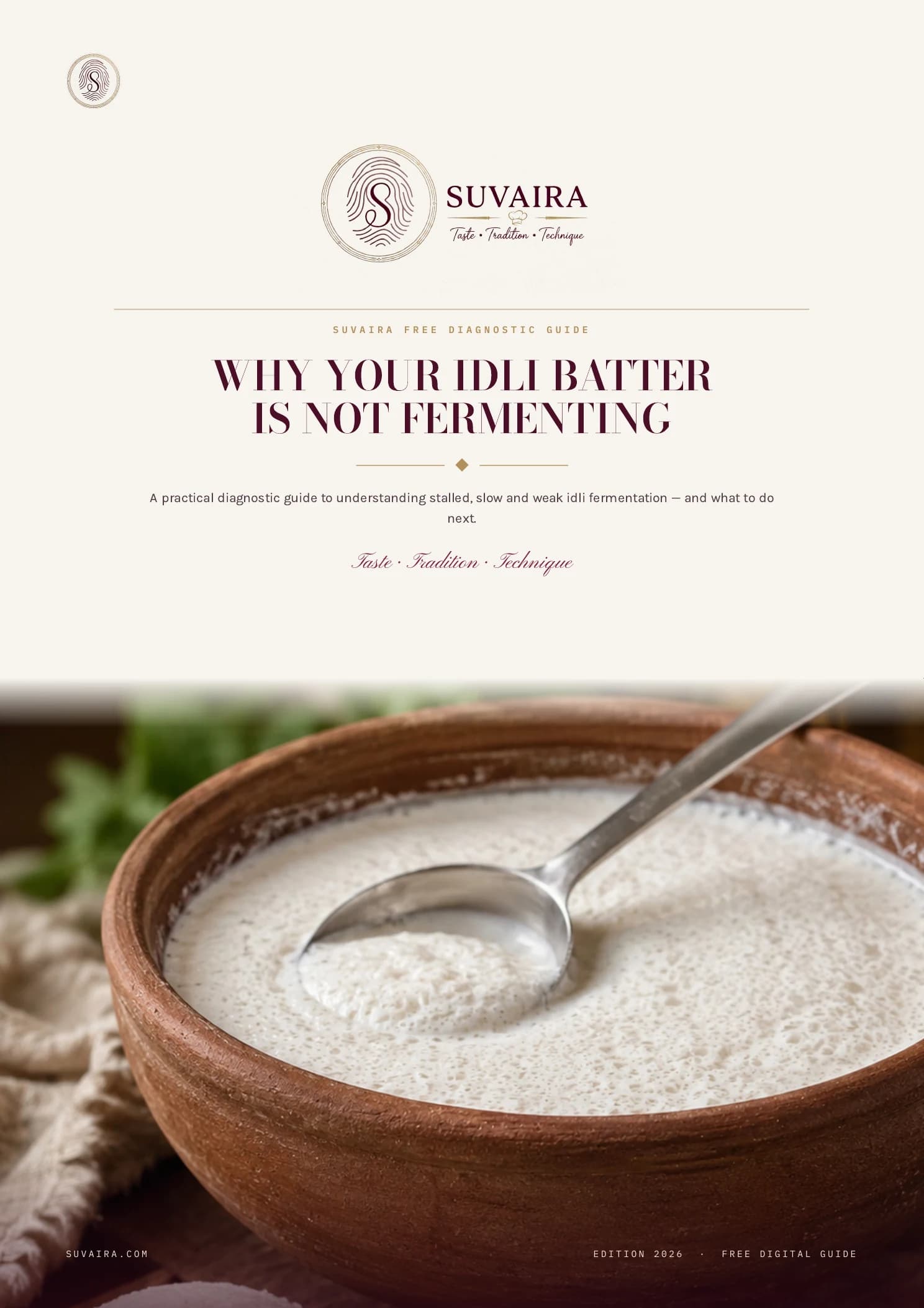 Cover of the SUVAIRA free diagnostic guide on idli fermentation